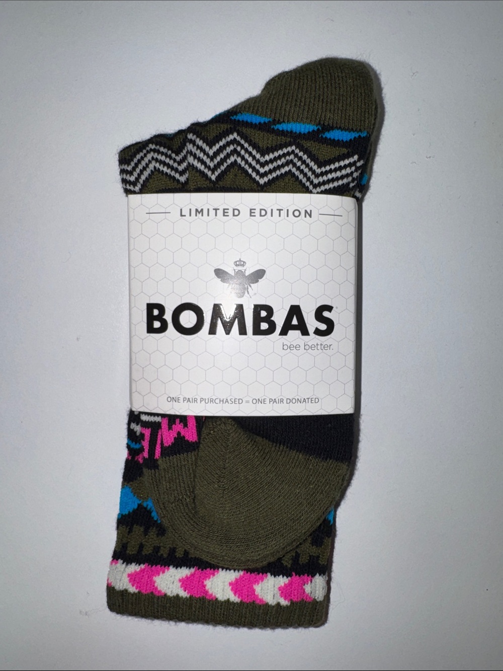 Bombas Olive Crew Socks with Black, Blue & Pink Accents